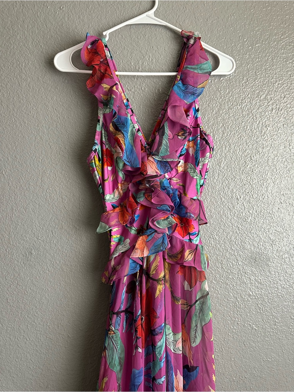 PatBO Magenta Floral Ruffle V-Neck beach Dress Small